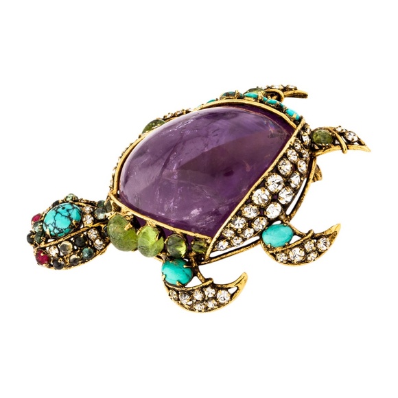 IRADJ MOINI Vintage Costume Jewelry Large Turtle Gemstone Brooch Pin Pendant - Picture 2 of 7
